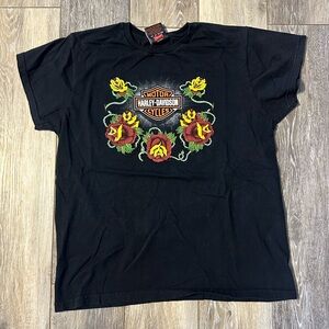 Harley-Davidson Y2K Floral Graphic Black Cotton T-Shirt